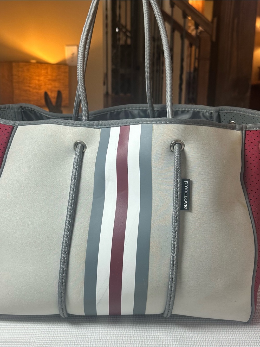 Travel/Tote Neoprene Tote in Light Gray with Burgundy Accents